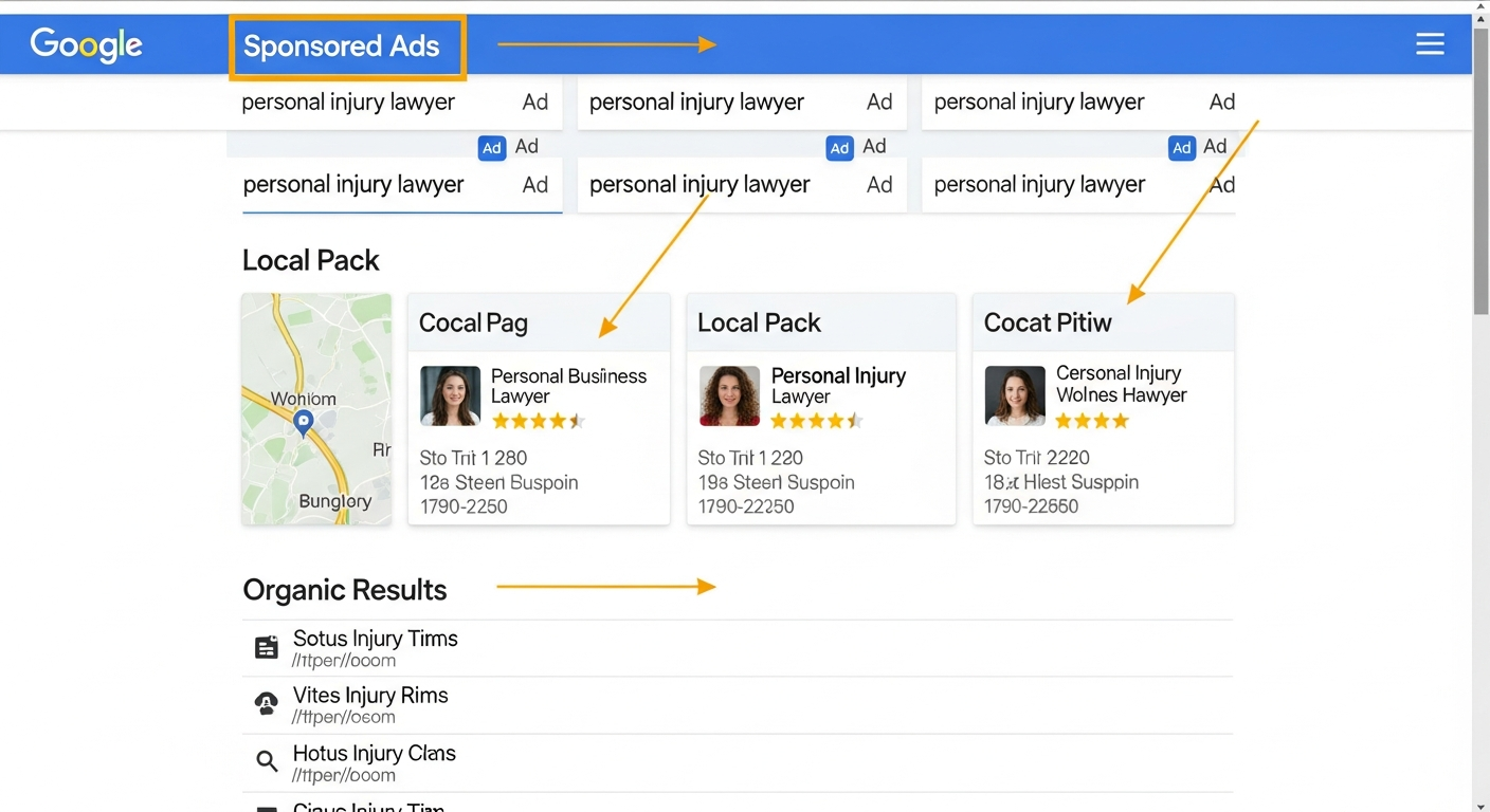 Google Search Results showing PPC ads, Local Pack, and Organic Results