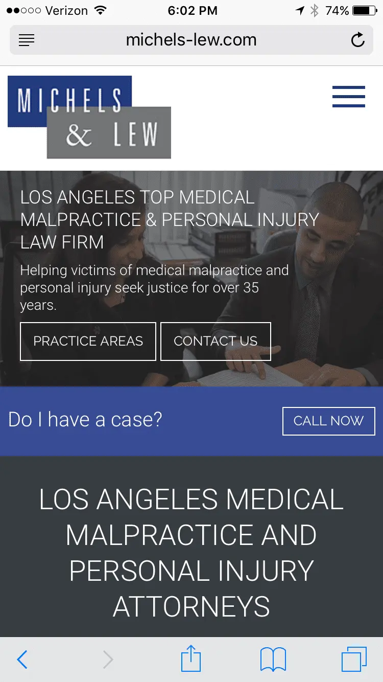 Example of effective law firm mobile website with clear practice area, location, and call-to-action visible above the fold