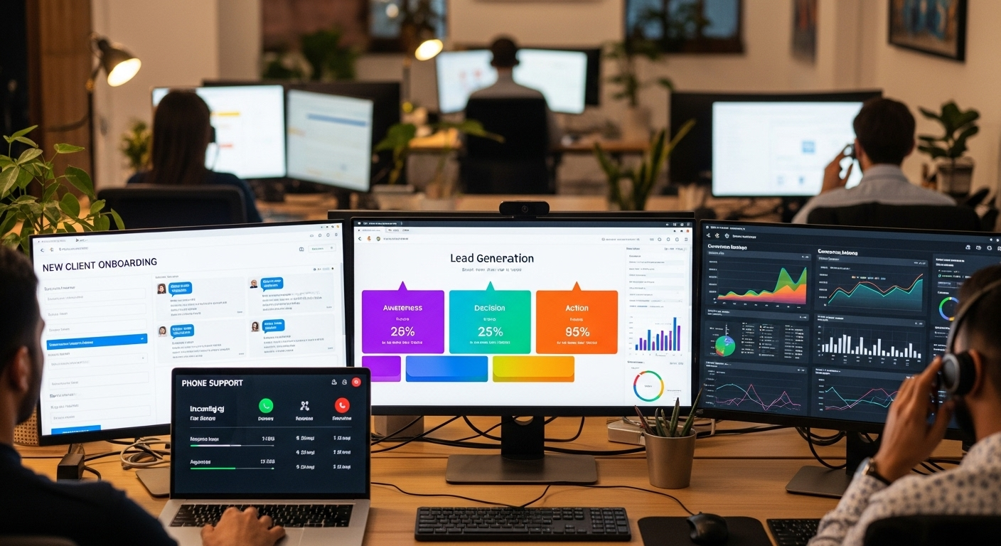 Attorney meeting with clients in modern law office