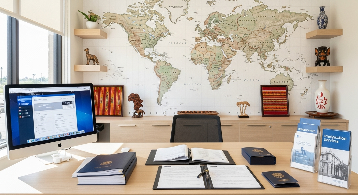 Immigration attorney consulting with diverse family in office