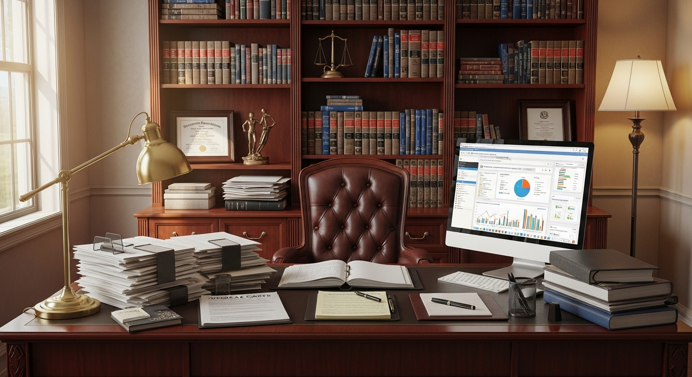 Personal injury attorney reviewing case files with scales of justice in background