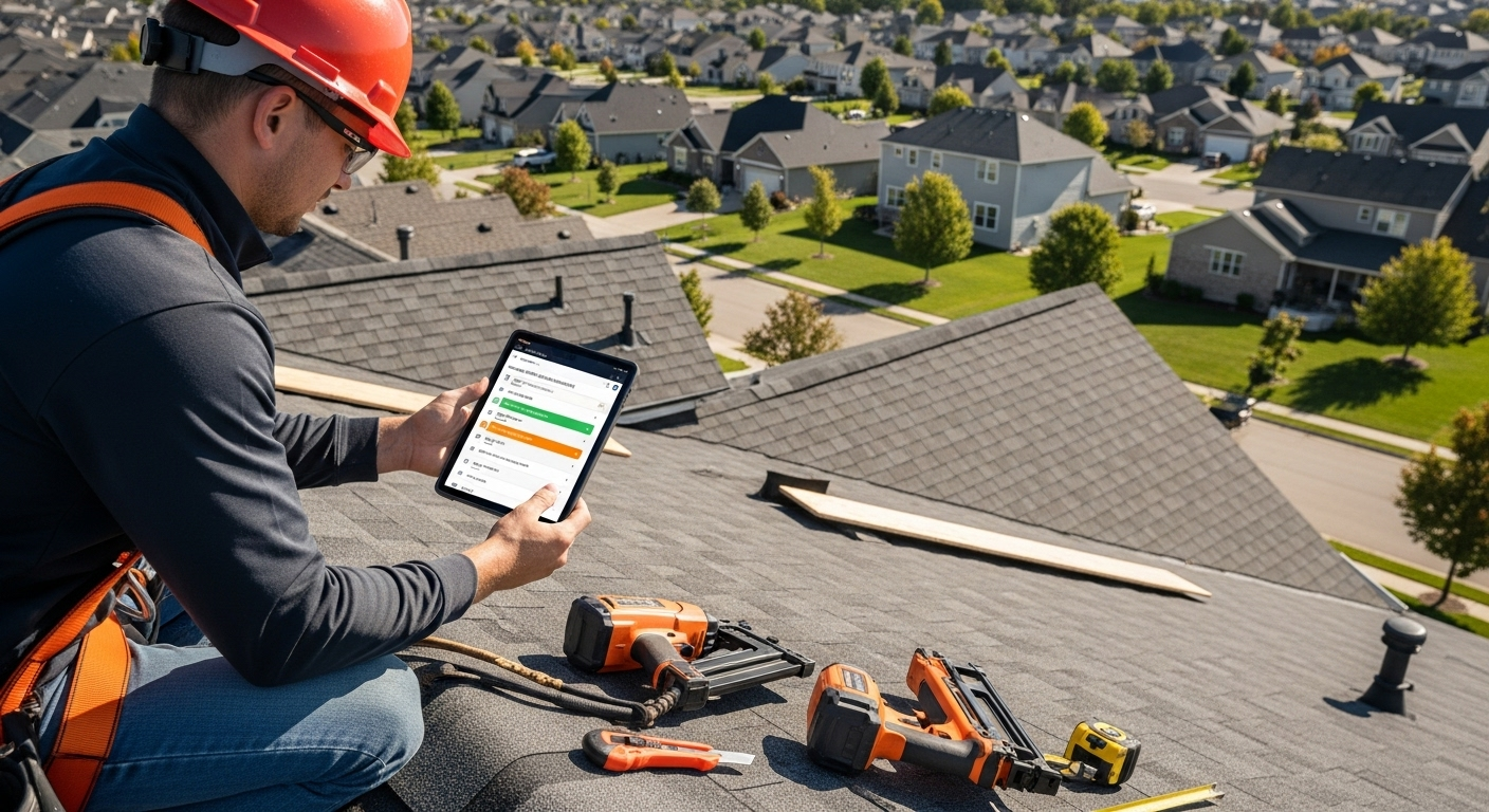 Professional roofer with tools and safety equipment working on roof